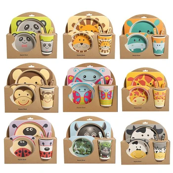 

Children's cutlery set bamboo fiber creative cartoon bowl division grid plate spoon fork cup five-piece gift tableware