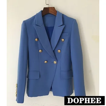 

Women's 2019 Classic Temperament Double Row Buckle Slim Suit Short Coat Lake Blue Jackets