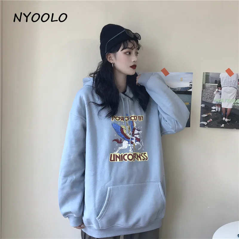 NYOOLO, Осень-зима, лошадиные крылья, с буквенным принтом, теплые толстовки, повседневные, уличные, свободные, плюс бархат, пуловер, толстовка с капюшоном, Женский Топ
