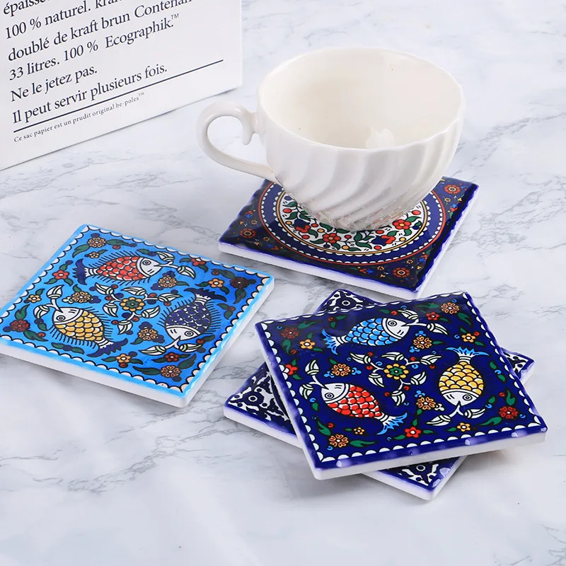 

6 PCs Portugal series craft painting insulated cork ceramic coasters dual-purpose pot mats combined coasters