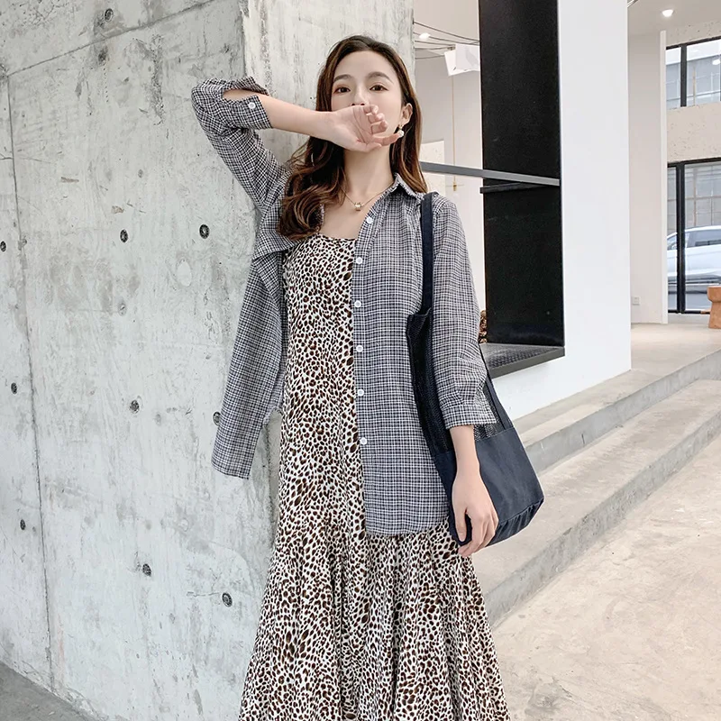 

2019 Autumn New Style Large Size Dress Large GIRL'S Korean-style Slimming Strapped Dress + Plaid Shirt Two-Piece Set Women's