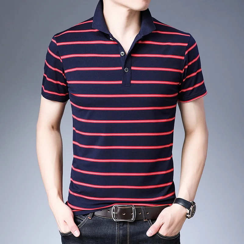 Стильные полосатые брендовые модные рубашки поло с коротким рукавом, мужские летние хлопковые дышащие топы, футболки азиатского размера M-5XL - Цвет: FM518 ASIAN SIZE R