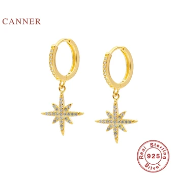 

CANNER Earrings For Women Real 925 Sterling Silver Octagonal Star Earrings Hoops Zircon Diamond Korean Silver Gold Jewelry