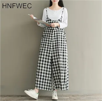 

2019 Spring Summer New Pattern Black White Plaid Patchwork Pockets Ankle Length Pants Casual Overalls Women W585