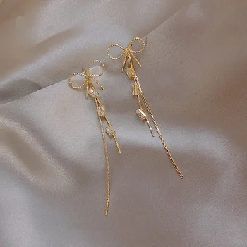 

Light luxury tassel bow earrings simple wild earrings elegant High Quality Long Tassel Women's Earrings quality Prevent Allergy