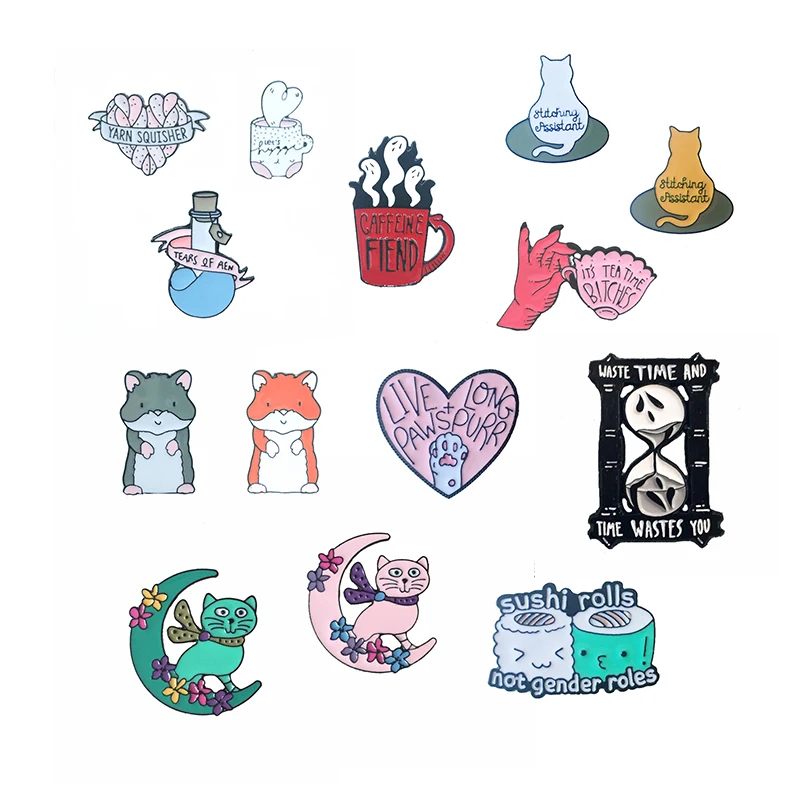 

Hot Heart Cat Squirrel Metal Enamel Brooch It's Tea Time Tea Cup Hour Noodle Egg Sushi Badge Pin Fun Trendy Costume Jewelry Gift