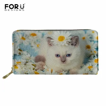 

FORUDESIGNS Women Purses Portrait of Cat with Flowers Printing Clutch Wallets for Women Ladies Unique Money Bags cartera mujer