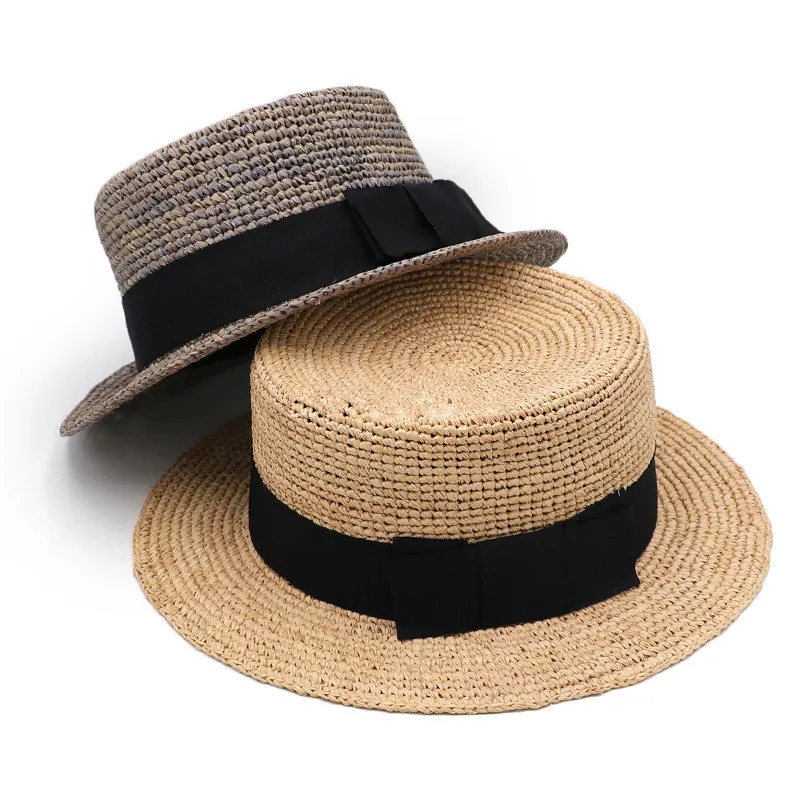

202201-gaoda-100101 summer classic handmade raffia grass flat ribbon leisure fedoras cap men women panama jazz outdoor hat