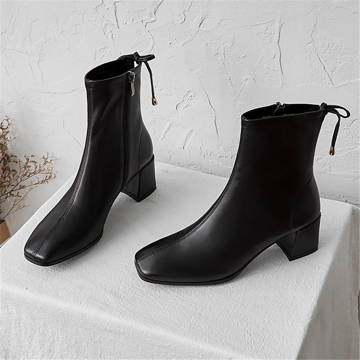 Women's genuine leather thick high heel autumn ankle boots square toe female fashion short booties bowtie zip boots shoes women