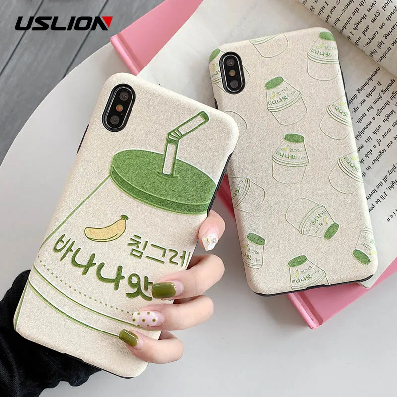 USLION Silk Texture Phone Cases For iPhone 7 8 Plus X XS XR Xs Max Funny Banana Milk Soft TPU Cover 6 6S |