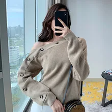 MEVGOHOT, новинка, женский сексуальный свитер с открытыми плечами, вязаный, необычный воротник, на пуговицах, большие размеры, осенние свитера для женщин HD2354