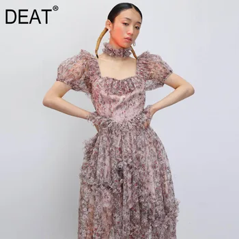 

DEAT 2020 new spring and sumemr square collar short puff sleeves ruffles flower printed halter pullover dress two pieces WM01509