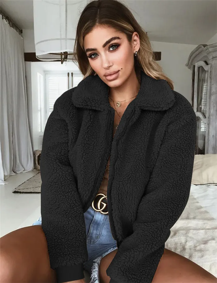 Fleece Coat Women New Fashion Long Sleeve Warm Faux Fur Coat Casual Turn Down Collar Zipper Bomber Jacket Outwear Plus Size - Цвет: DCC-18723 Black
