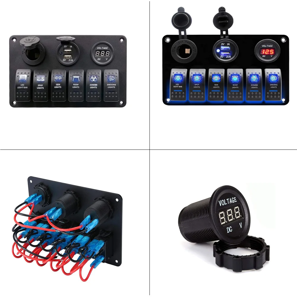 Voltmetro LED SEN Porte USB Doppie Presa di Corrente 12-24 V Interruttore on-off Pannello Luce Nera e Rossa e Blu Blu 