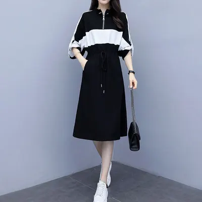 Black Большие размеры, XL-5XL, спортивное платье, женские толстовки контрастного цвета, с длинными рукавами, Осень-зима, облегающее платье трапециевидной формы, большой шнурок, спортивная одежда - Цвет: Black