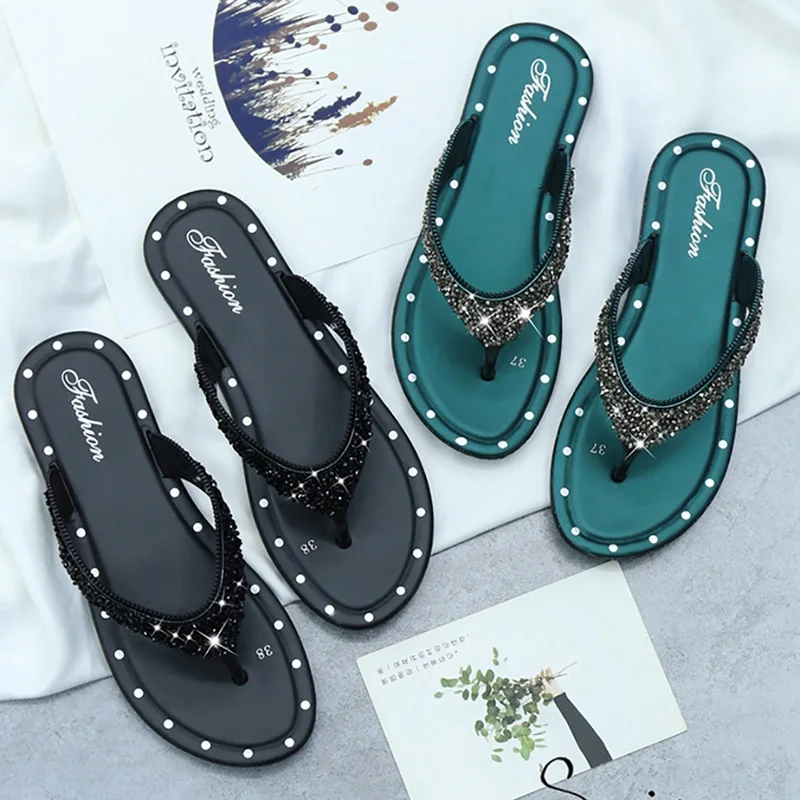 Вьетнамки; женская обувь; Zapatos De Mujer; Летние Стильные лаконичные повседневные универсальные шлепанцы на плоской нескользящей подошве, украшенные блестками
