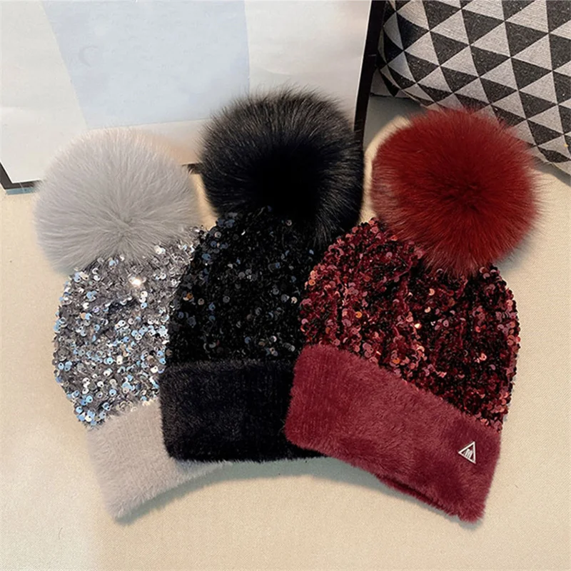 

Natural Fox Fur Pompon Elastic Hat Thick Winter for Women Child Cap Mink Cashmere Sequins Hat Female Skullies Beanies