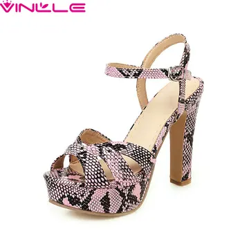 

VINLLE 2020 Snakeskin PU Leather Fashion Sandals Platform Buckle Summer Women Pumps Square High Heel Ladies Shoes Big Size 34-43