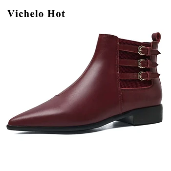 

Vichelo Hot big size genuine leather pointed toe low heel buckle decoration stretch boots pretty girls dating ankle boots L01