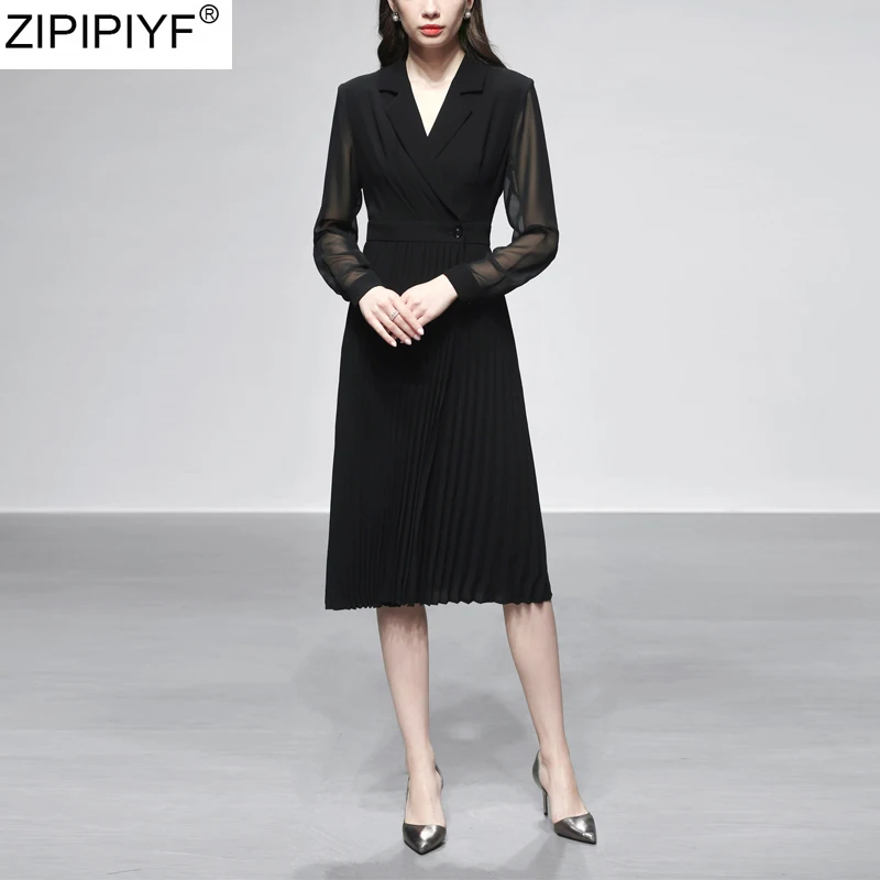 New 2020 Streetwear Women Spring Summer Black Pleated Shirt Dress Elegant Turn down Collar Long Sleeve Lady Knee-length | Женская одежда