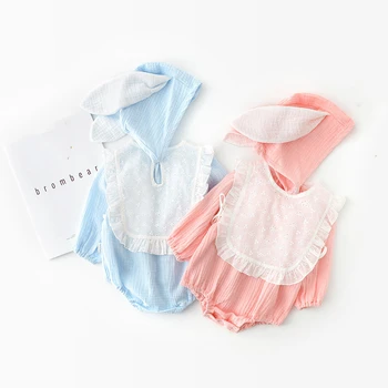 

Lace Collar Service Princess Female Baby Girls Triangular Crawling Clothes Romper set Spring Long Sleeve Rabbit ear cap 2pcs