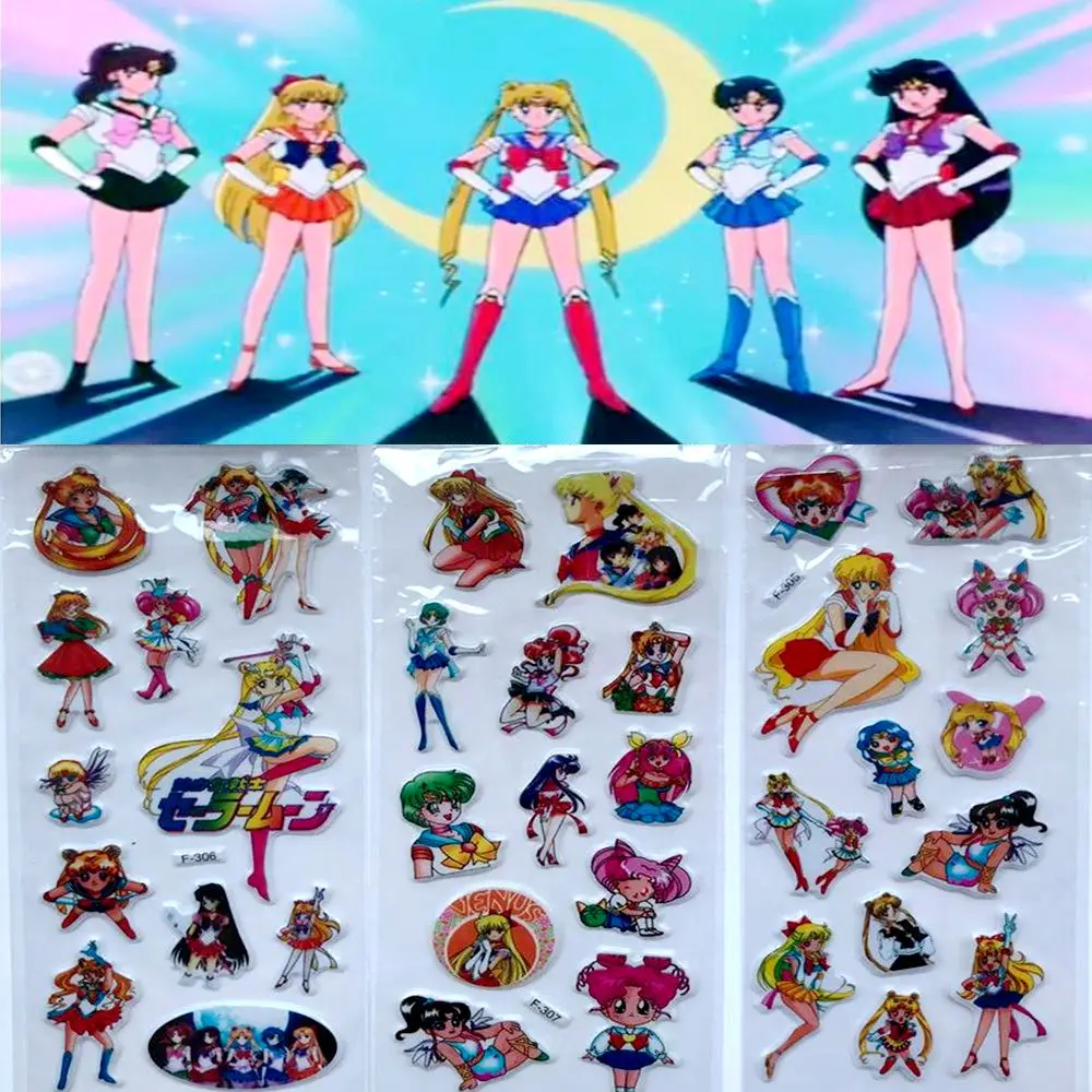 

6 pcs/lot Cartoon Stickers Sailor Moon Action Figures Moonlight Justice Power Paste On The Wall Desktop Kid Gift Toy