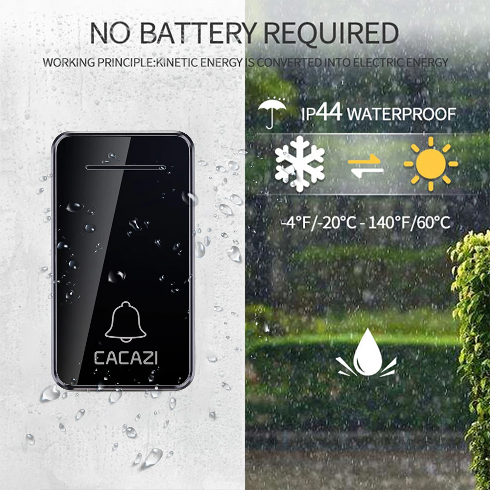 CACAZI водонепроницаемый Домашний Беспроводной дверной звонок с автономным питанием светодиодный светильник без аккумулятора беспроводной звонок с европейской вилкой 48 колокольчик 1 Кнопка 1 2 приемника