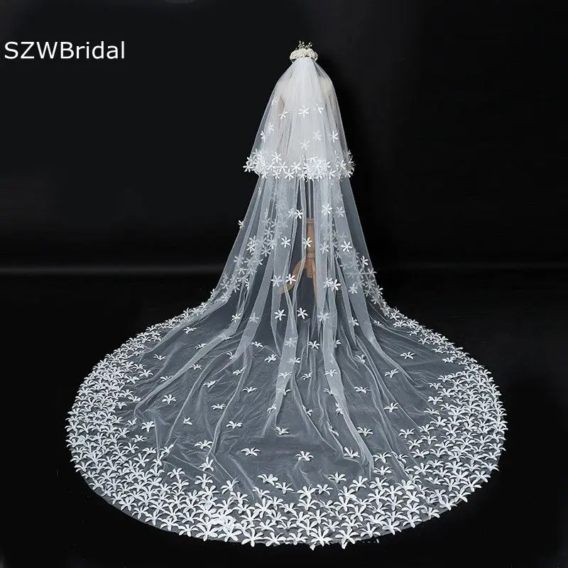 New Arrival Two Layers Ivory Bridal Veils Flower Appliques wedding veil Sexy Cathedral wedding accessories matrimonio