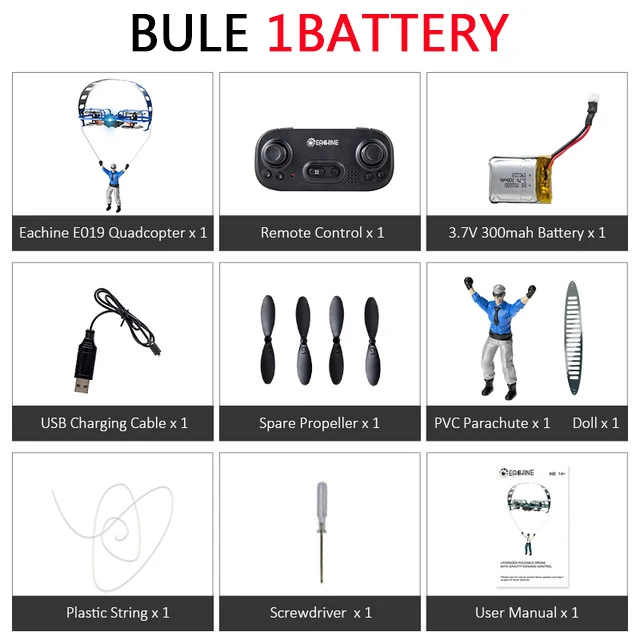 Blue 1battery Eachine E019 2-осевой RC трюк парапланерный режим полета с режимом удержания высоты Дрон Квадрокоптер RTF - Цвет: Blue 1battery