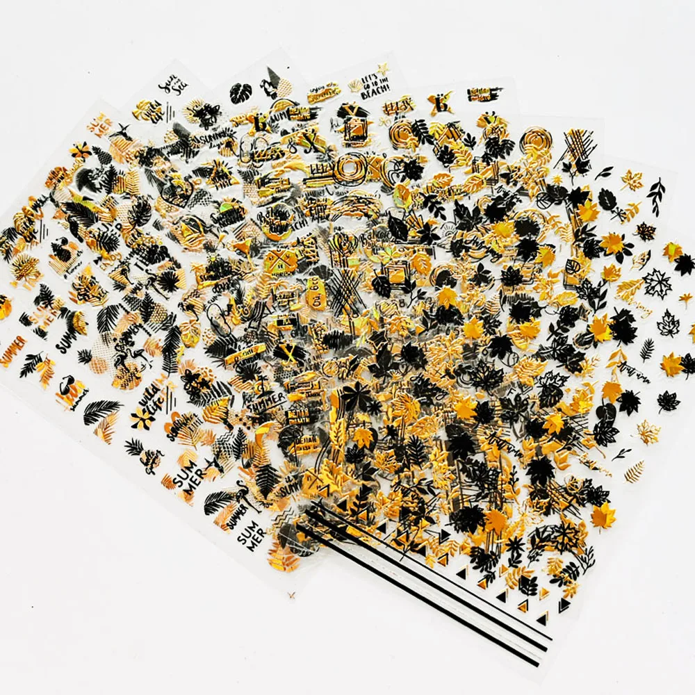 

10 sheets Autumn Maple Leaf Holographic Black/Gold/Silver Nail Art Tropical Sticker Laser 3D Adhesive Nail Decals Tr#81