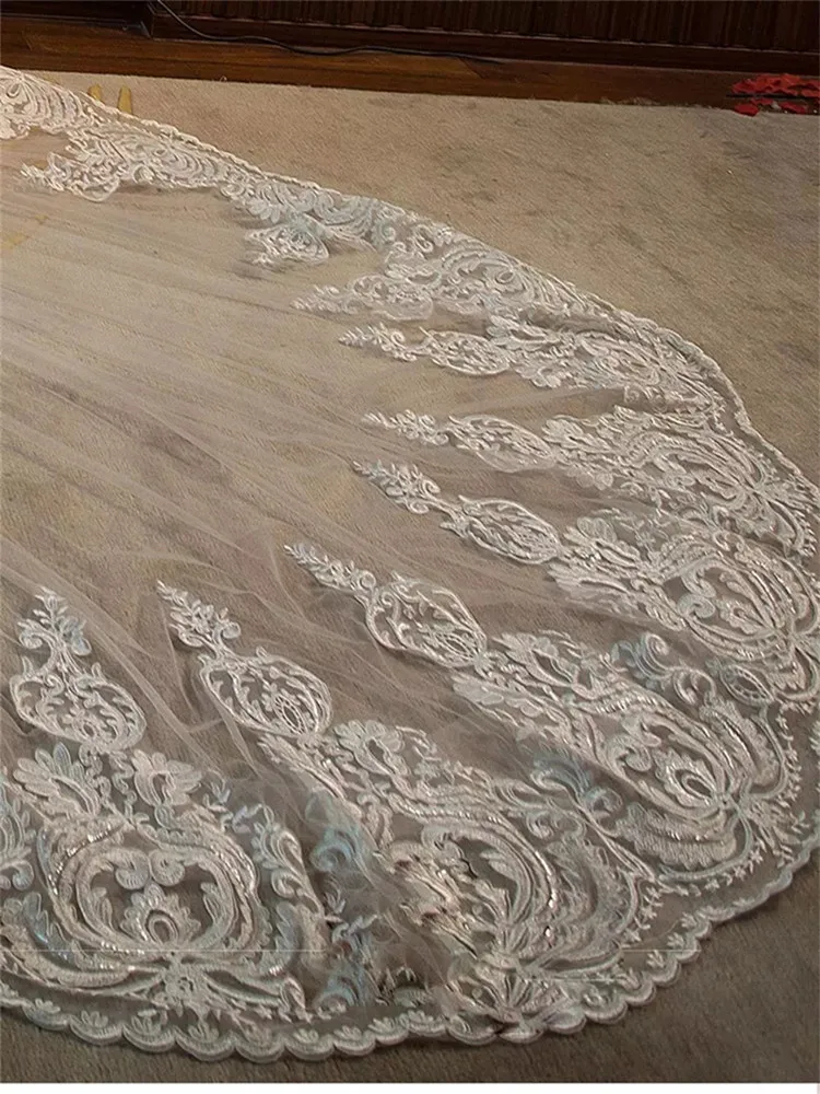 Luxury Long Bridal Veil Cathedral Length Lace Applique 4M Wedding Veil Comb Wedding Accessories Bridal Veil