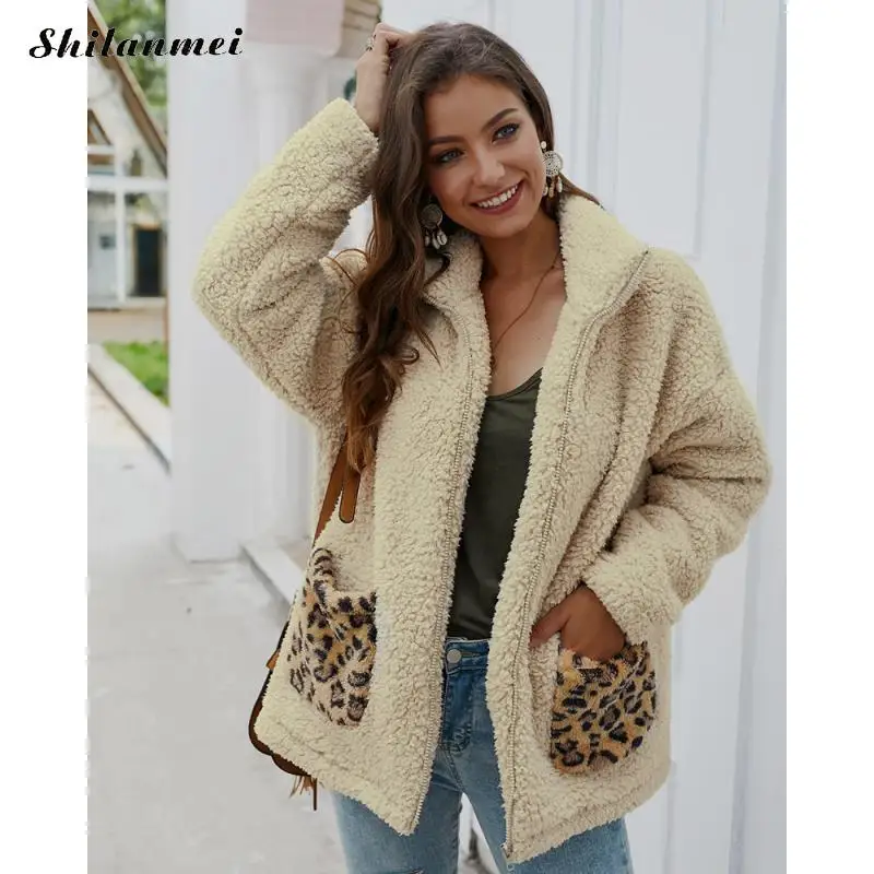 

Leopard Patchwork Jacket Women Long Sleeve Fashion Oversized Plush Jacket Female 2019 Winter Warm Lapel Zipper Fleece Overcoat