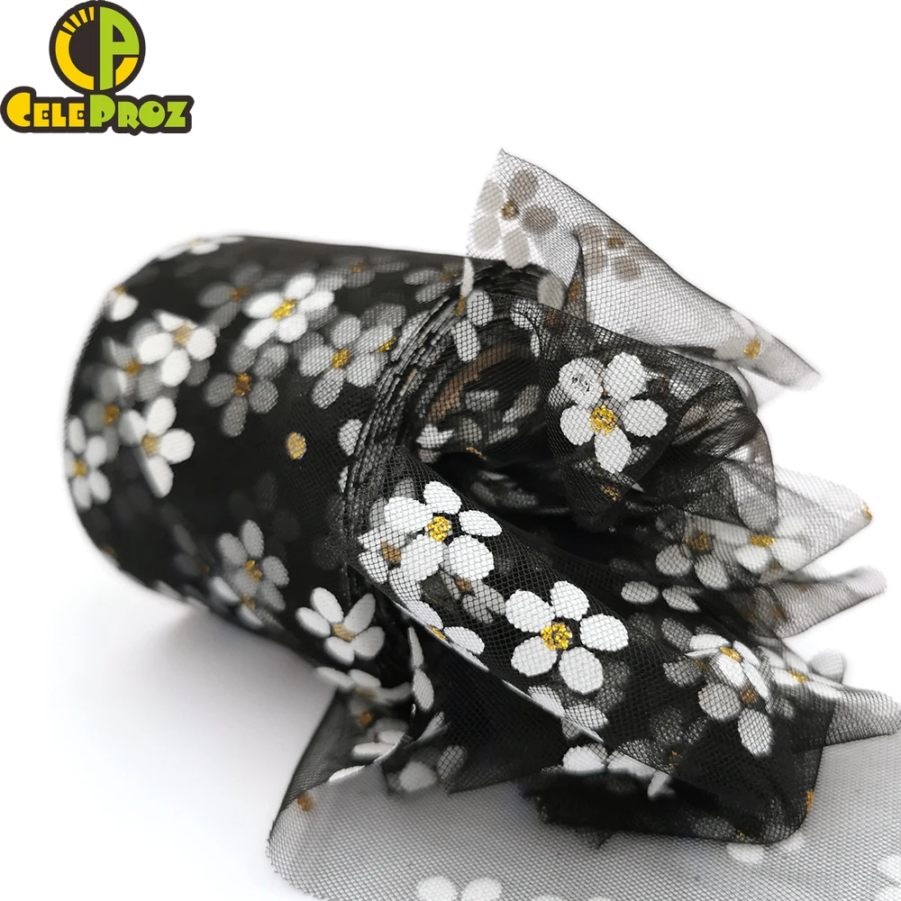Ribbon Supplies 6cm 25Yards Floret Tulle Daisy Ribbon Roll DIY Handmade Craft Hair Ornament Baking Cherry Blossoms Printed Mesh Fabric Supplies