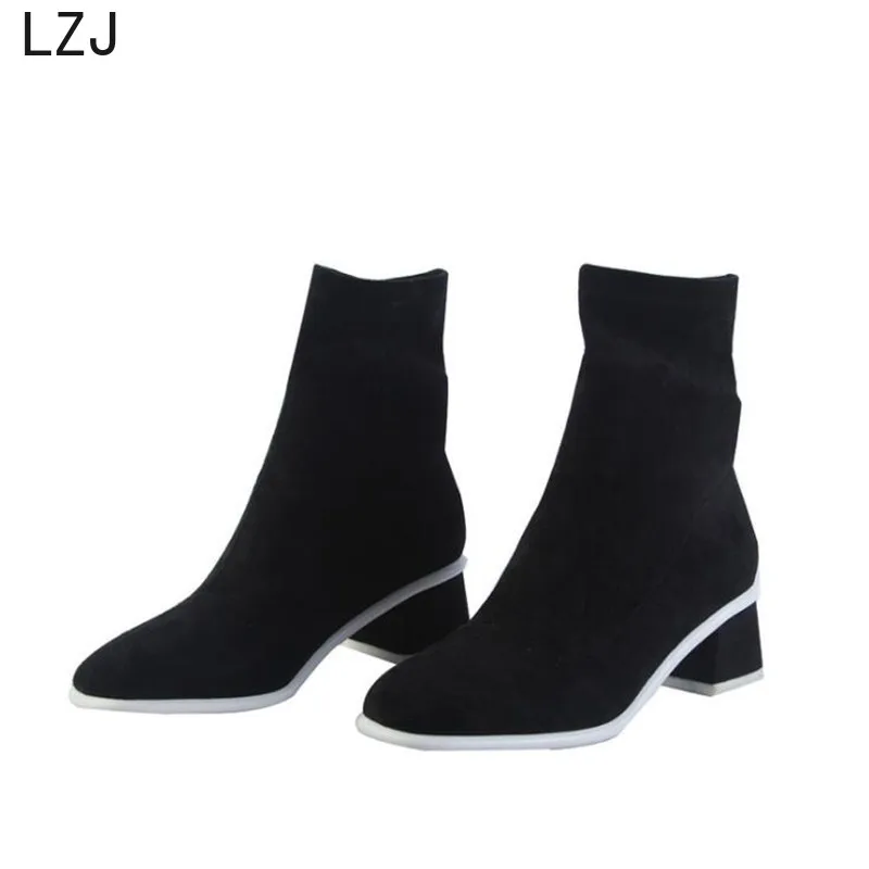 

LZJ 2019 Women Ankle Sock Booties Boots New Fashion Autumn Winter Stretch boots Chunky High Heels Pointed Toe Women Booties