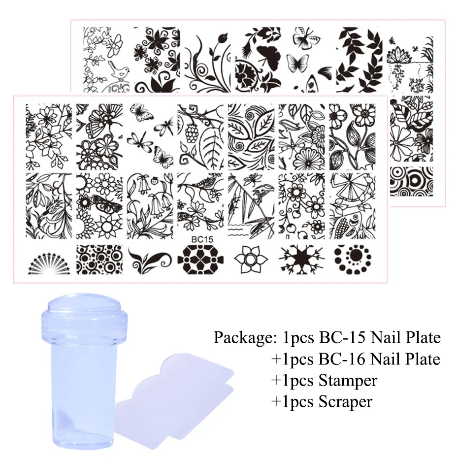 STZ 2 шт для дизайна ногтей штамповка изображения пластины для ногтей шаблон Цветущий цветок кружева Шаблон трафарет аксессуары для маникюра искусство инструмент BC-1 - Цвет: BC15 16Set