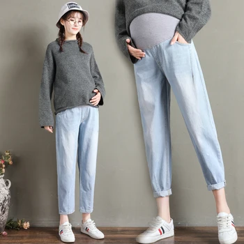 

7001# Vintage Washed Denim Maternity Straight Jeans Korean Fashion Loose Pants Clothes for Pregnant Women Pregnancy Trousers