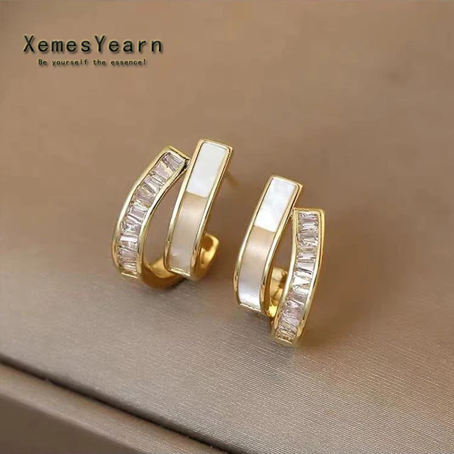 2021 New Design Shell Zircon Arc Metal Stud Earrings For Woman Korean Fashion Jewelry Party Student Girls Elegant Accessories 1