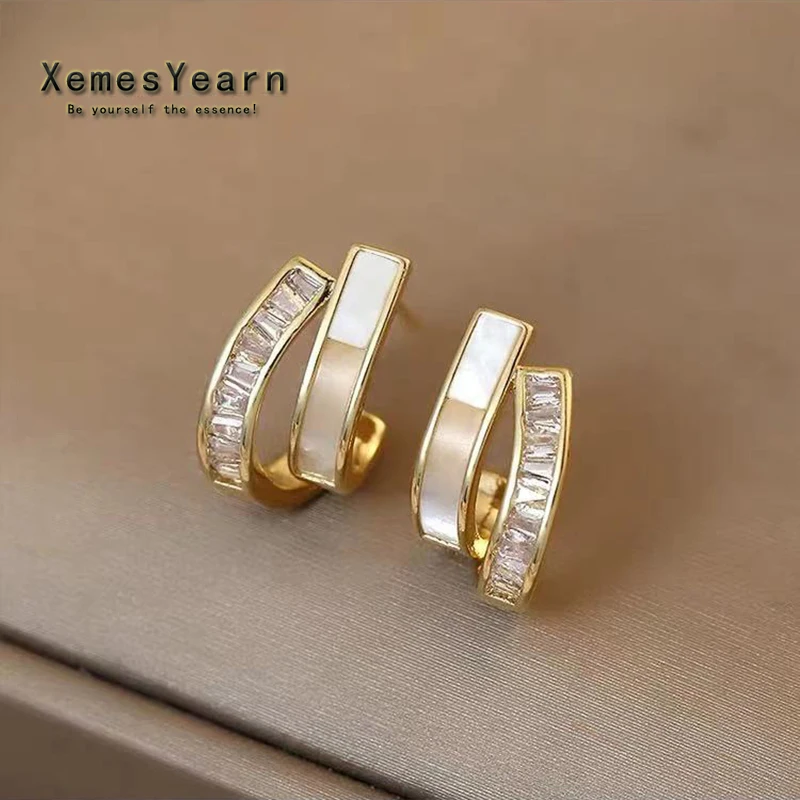 2021 New Design Shell Zircon Arc Metal Stud Earrings For Woman Korean Fashion Jewelry Party Student Girls Elegant Accessories