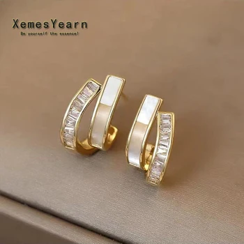 2021 New Design Shell Zircon Arc Metal Stud Earrings For Woman Korean Fashion Jewelry Party Student Girls Elegant Accessories