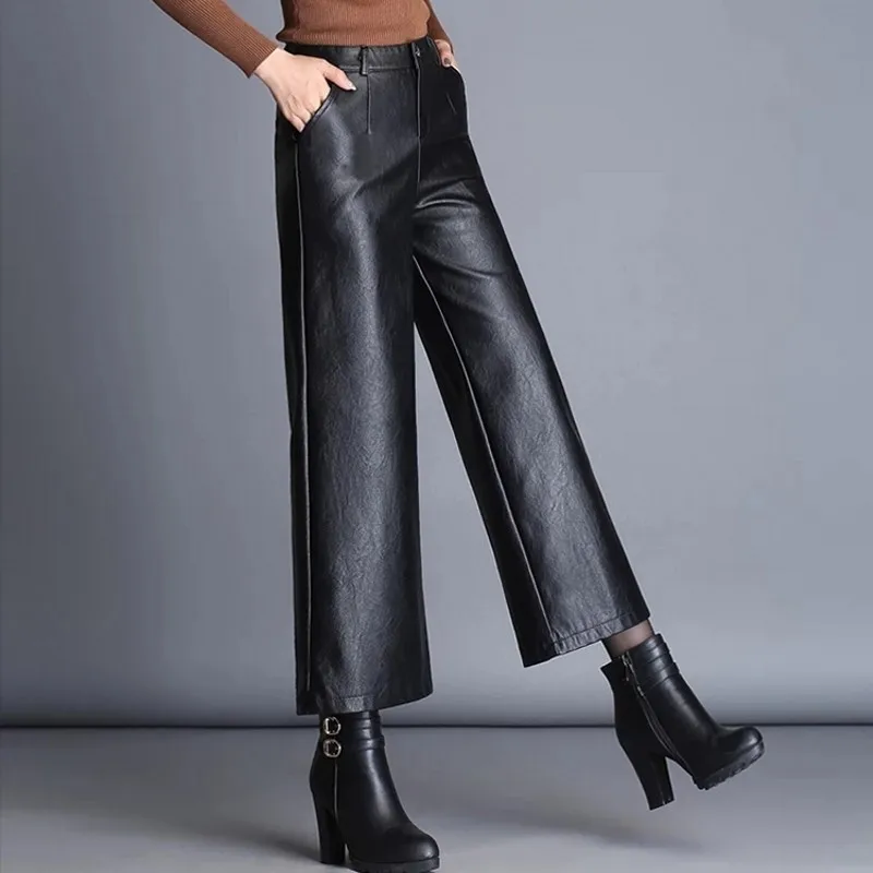 JuneLove осень зима из искусственной кожи женские широкие брюки винтажные женские черные эластичные штаны женские свободные повседневные брюки