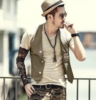 

Men Linen Vest V-neck Single Breasted Slim Fit Sleeveless Outwear Jacket Summer Solid Color Leisure Fashion Trend