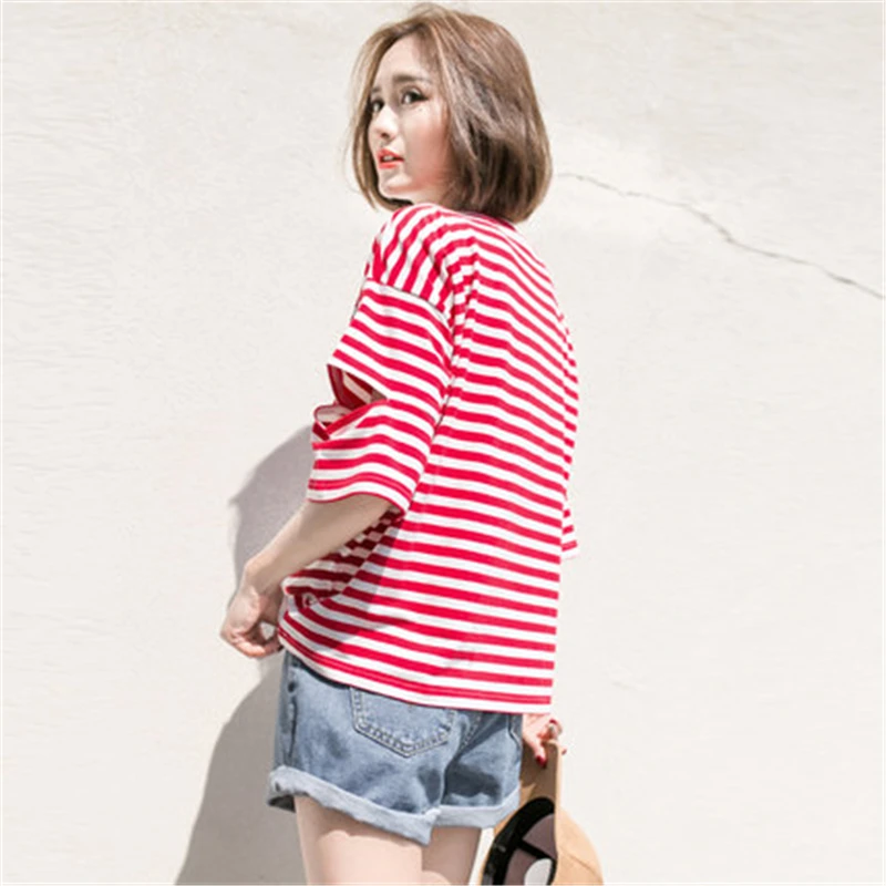 

Fashion Women's T-shirt Spring Summer stripe Girl top Short sleeve O Neck Female tees Loose Oversized Women Cotton t-shirt T317