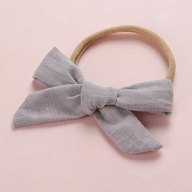 New Baby Toddler Cotton Linen Nylon Bow Headband Solid Color Seamless Kids Top Bows Elastic Hair Bands Headwrap Hair Accessories - Цвет: grey
