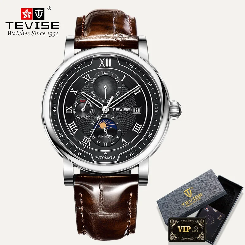 2021 New TEVISE Mens Mechanical Watches Top Brand Luxury Leather Moon Phase Automatic Watch Men Fashion Sport Waterproof Clock 
