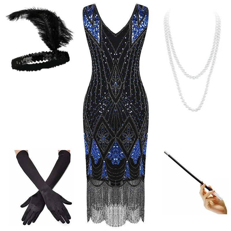 Blue set A(NEW) 1920s Flapper платье Great Gatsby вечерние платья с блестками и бахромой - Цвет: Blue set A(NEW)