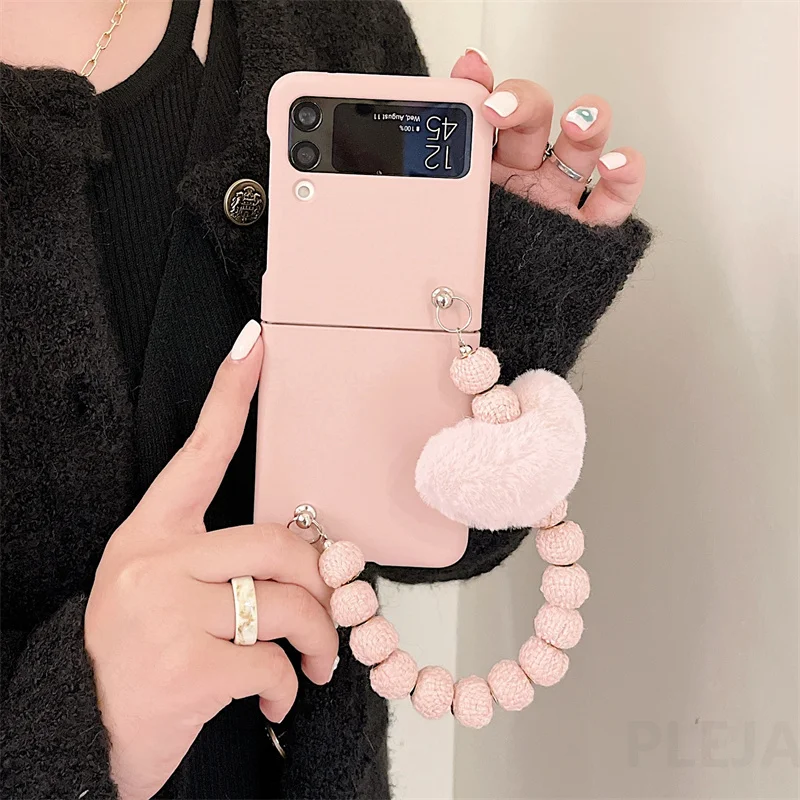 Cute Fluffy Heart Pompom Hand Rope Solid Phone Case For Samsung Z Flip –  The Kawaii Shoppu