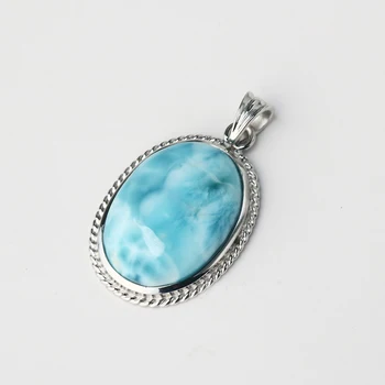 

Natural Larimar stone pendant 925 silver inlaid fashion Japanese and Korean necklace Larimar stone pendant for girlfriend 03