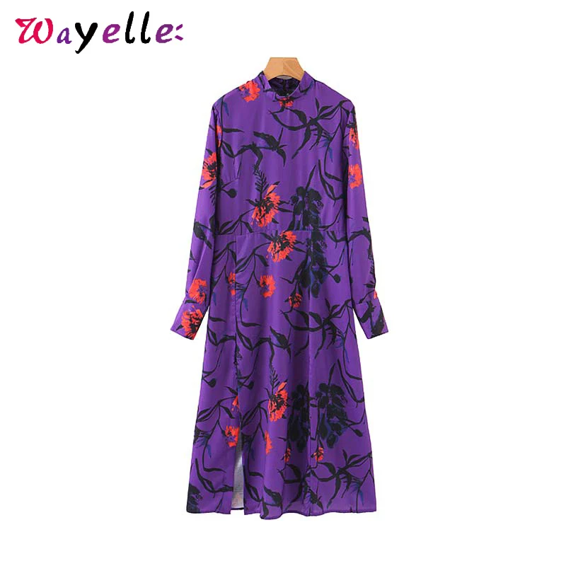 

2019 Women Long Sleeve Dress Back Zipper Split Female Stylish Mid Calf Dresses Tide Purple Floral Print Midi Dress for Women