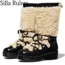 Новые зимние ботинки на меху женские ботильоны с круглым носком на толстой подошве с заклепками теплые ботинки женские шерстяные ботинки женская обувь; zapatos de mujer
