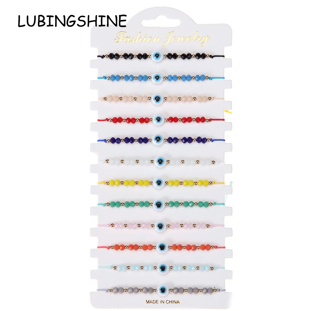 12pcs/lot Couples Women Blue Turkish Evil Eye Charms Bracelets Crystal Bead Adjustable Rope Chain Anklets Child Girl Jewelry